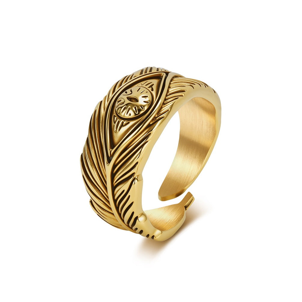 Kemstone Feather Ring for Men Titanium Steel Adjustable Open Band KR1155