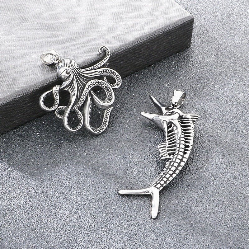 Kemstone Titanium Steel Octopus Fish Bone Pendant Necklace for Men Punk Ocean Animal Vintage Oxidized Silver KP117754-LU