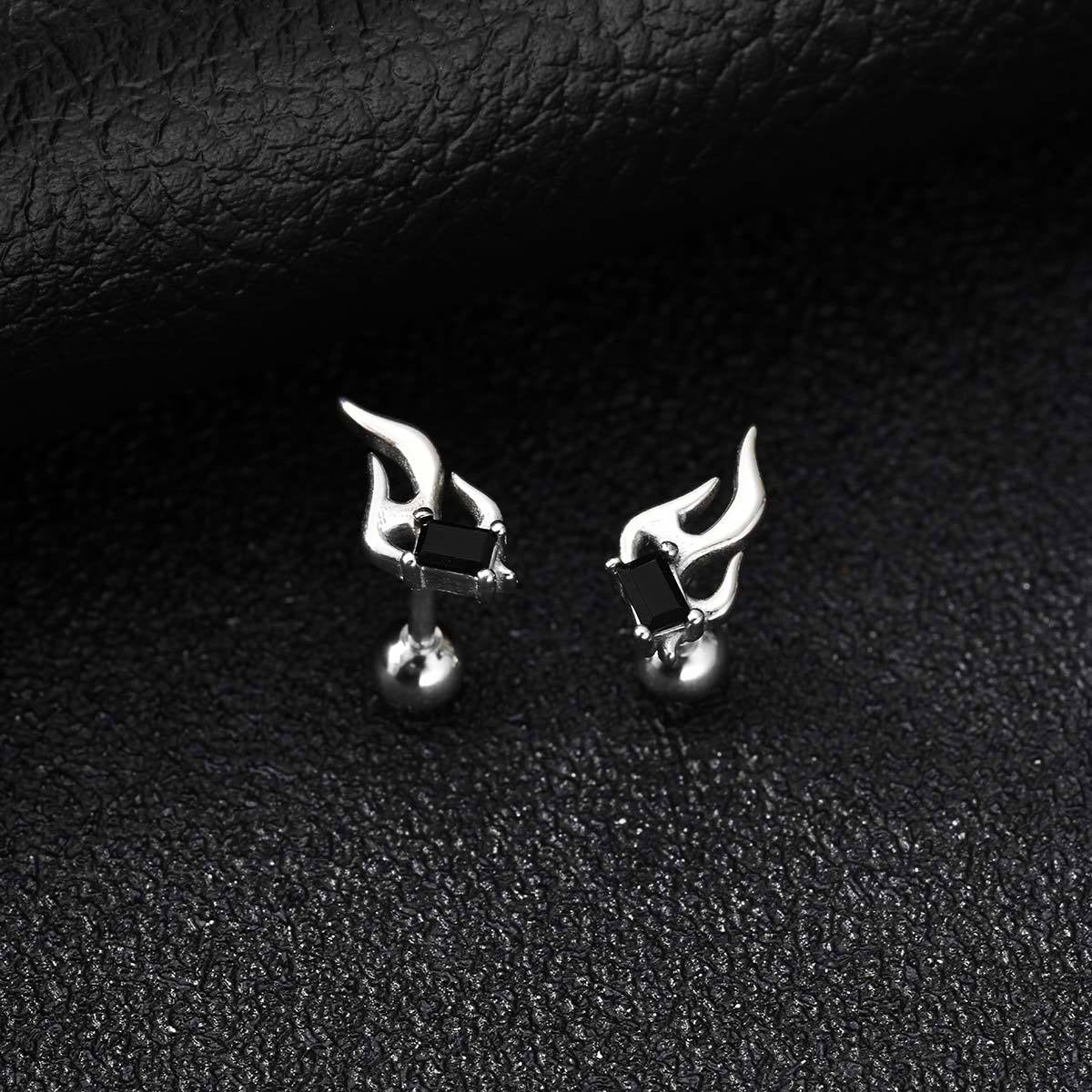 Kemstone Stainless Steel Flame Stud Earring with Black Cubic Zirconia for Men & Women ES-787S