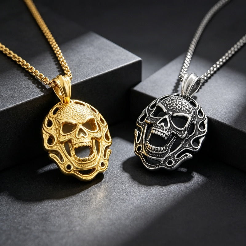 Kemstone Stainless Steel Flame Skull Pendant Necklace for Men Medallion KP118157-KJX