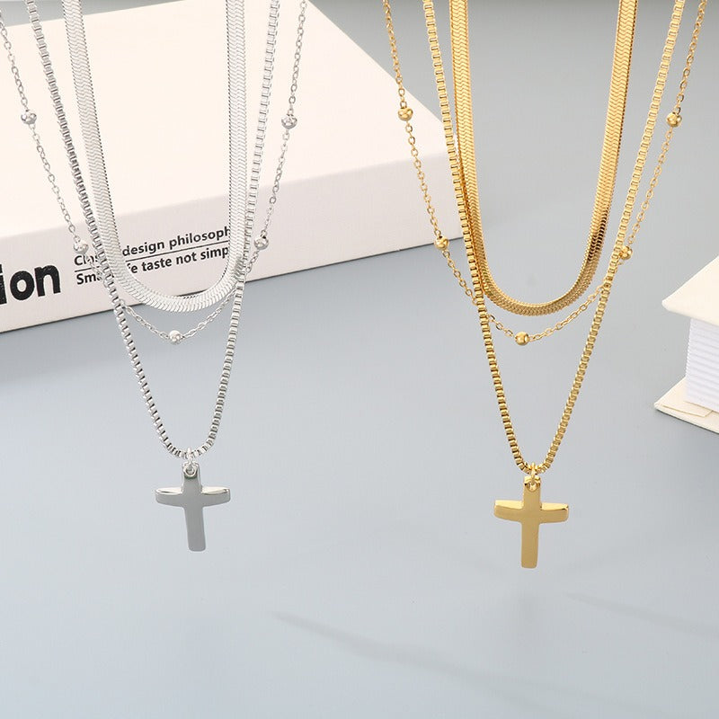 Kemstone Titanium Steel Cross Pendant Multi Chain Necklace Snake Chain Box Chain for Men & Women Gold Silver KN292221-Z