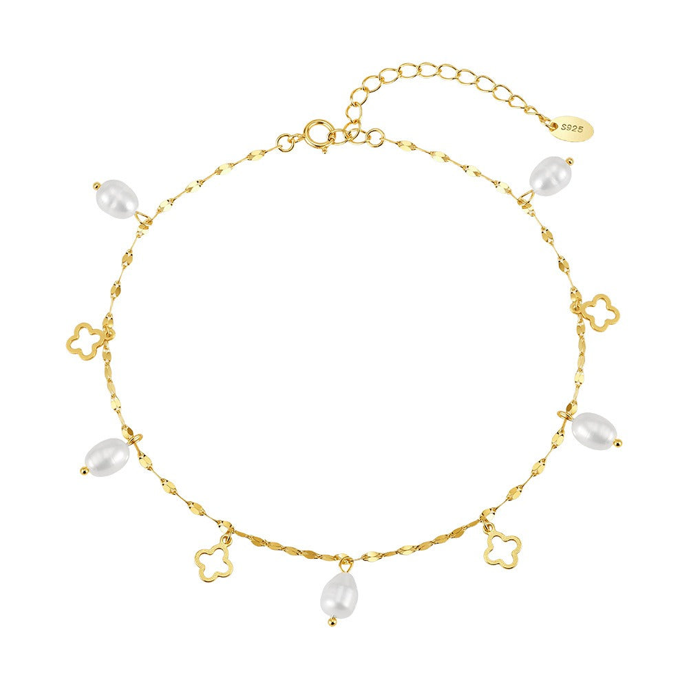 Kemstone 925 Sterling Silver Clover Anklet for Women Freshwater Pearl Gold Silver SA105