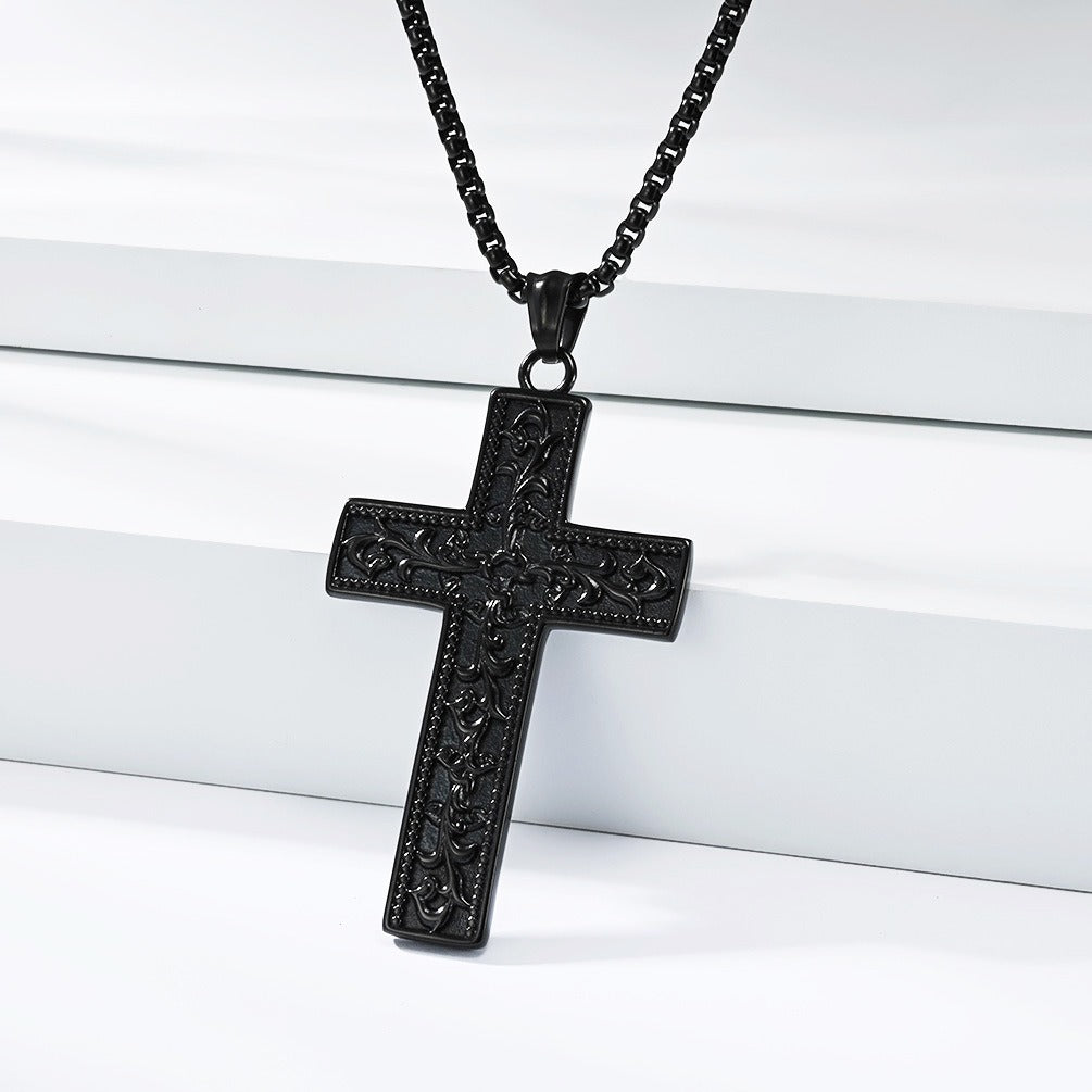 Kemstone Vintage Floral Engraved Cross Stainless Steel Pendant Necklace for Men K-PT703