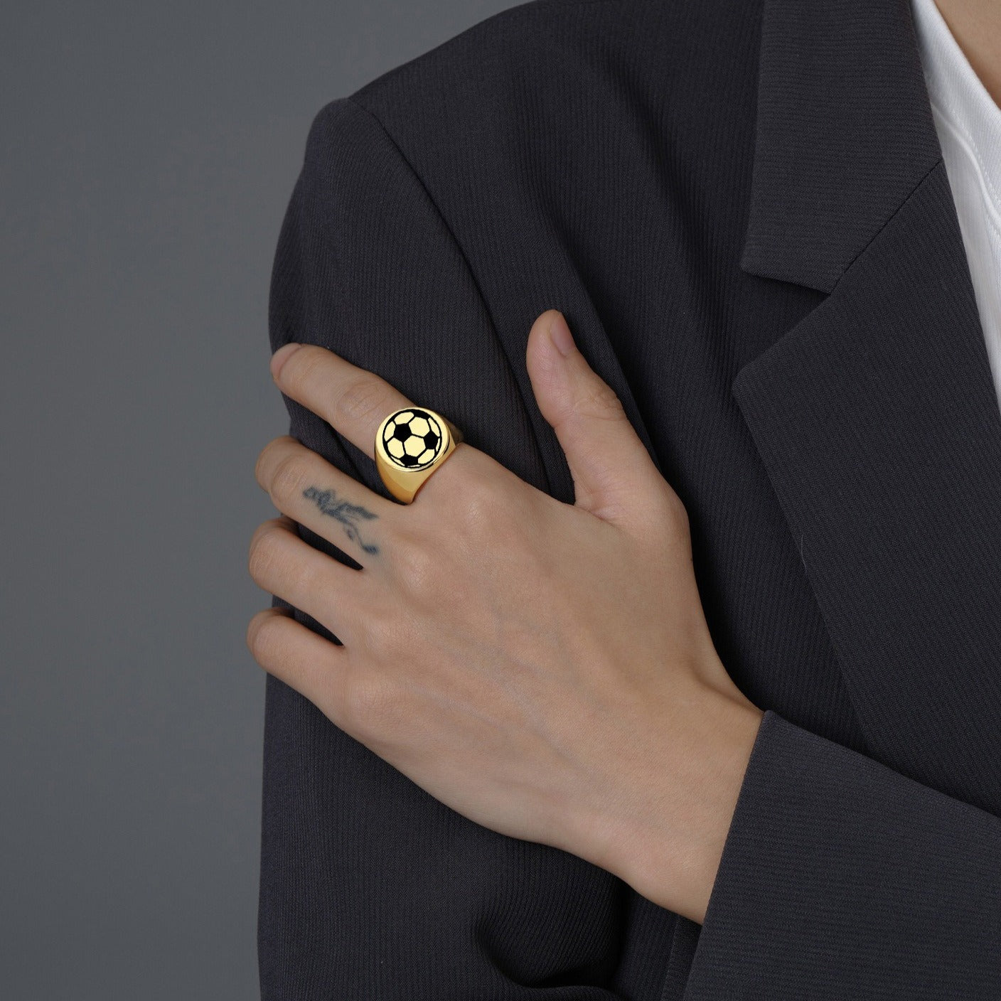 Kemstone Soccer Ball Signet Ring for Men Stainless Steel Silver Gold CG1870