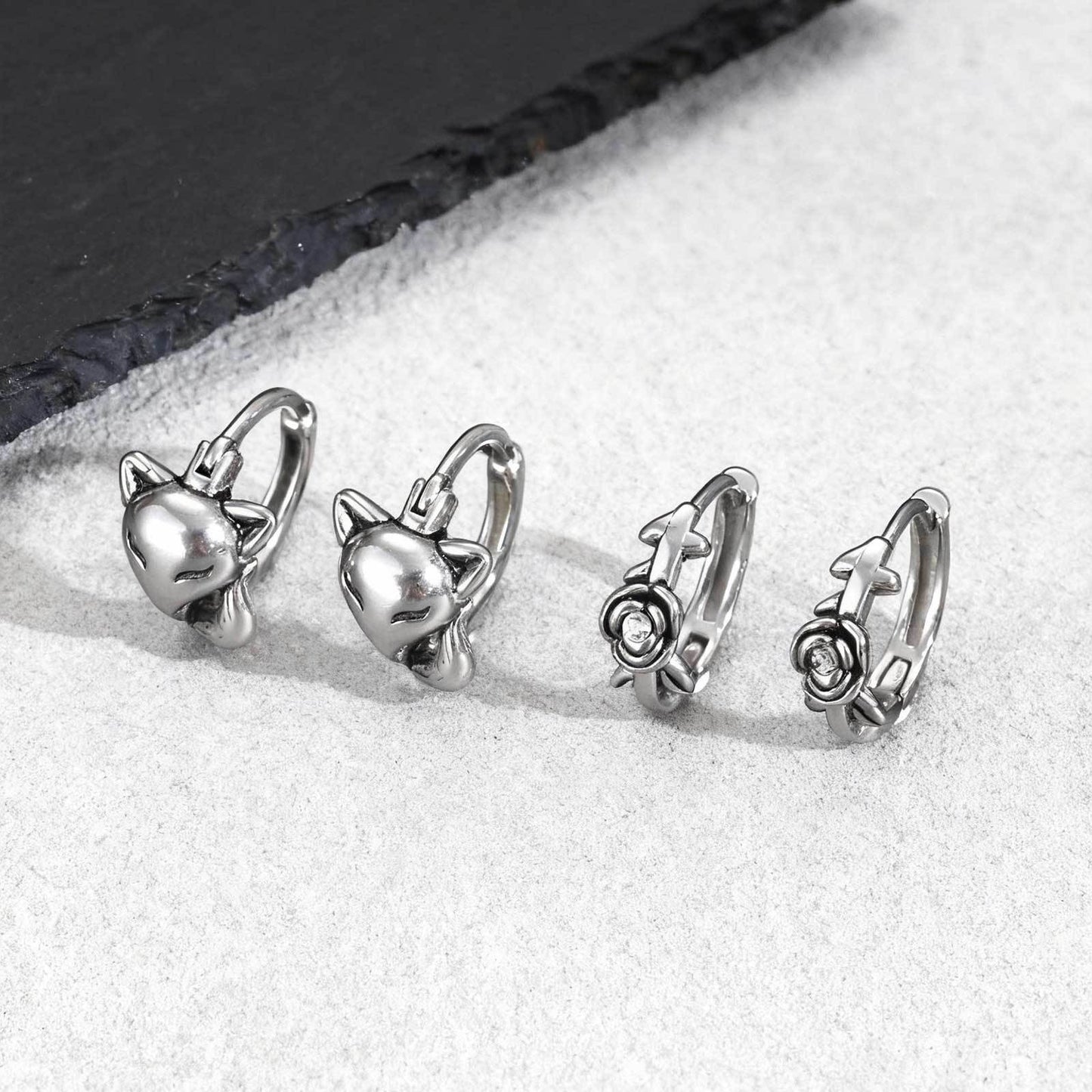 Kemstone Stainless Steel Fox Hoop Earring – Cubic Zirconia Rose Detail for Men & Women EH-821