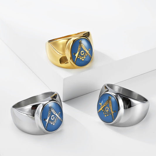 Kemstone Stainless Steel Freemason Blue Emblem Signet Ring for Men Vintage Symbol K-R1182