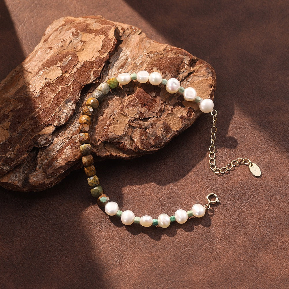Kemston 925 Sterling Silver Freshwater Pearl Bracelet for Women Natural Turquoise Bead MPB27