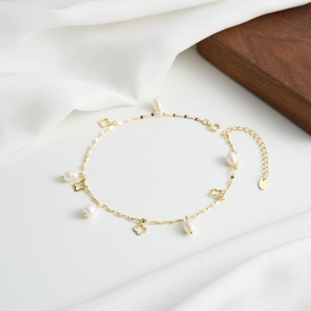 Kemstone 925 Sterling Silver Clover Anklet for Women Freshwater Pearl Gold Silver SA105
