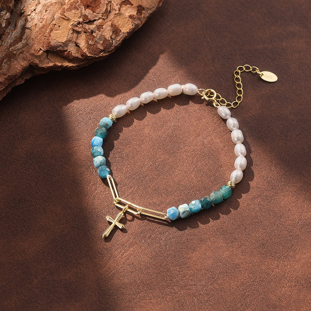 Kemstone 925 Sterling Silver Natural Stone Pearl Beaded Bracelet for Women Cross Charm MPB22