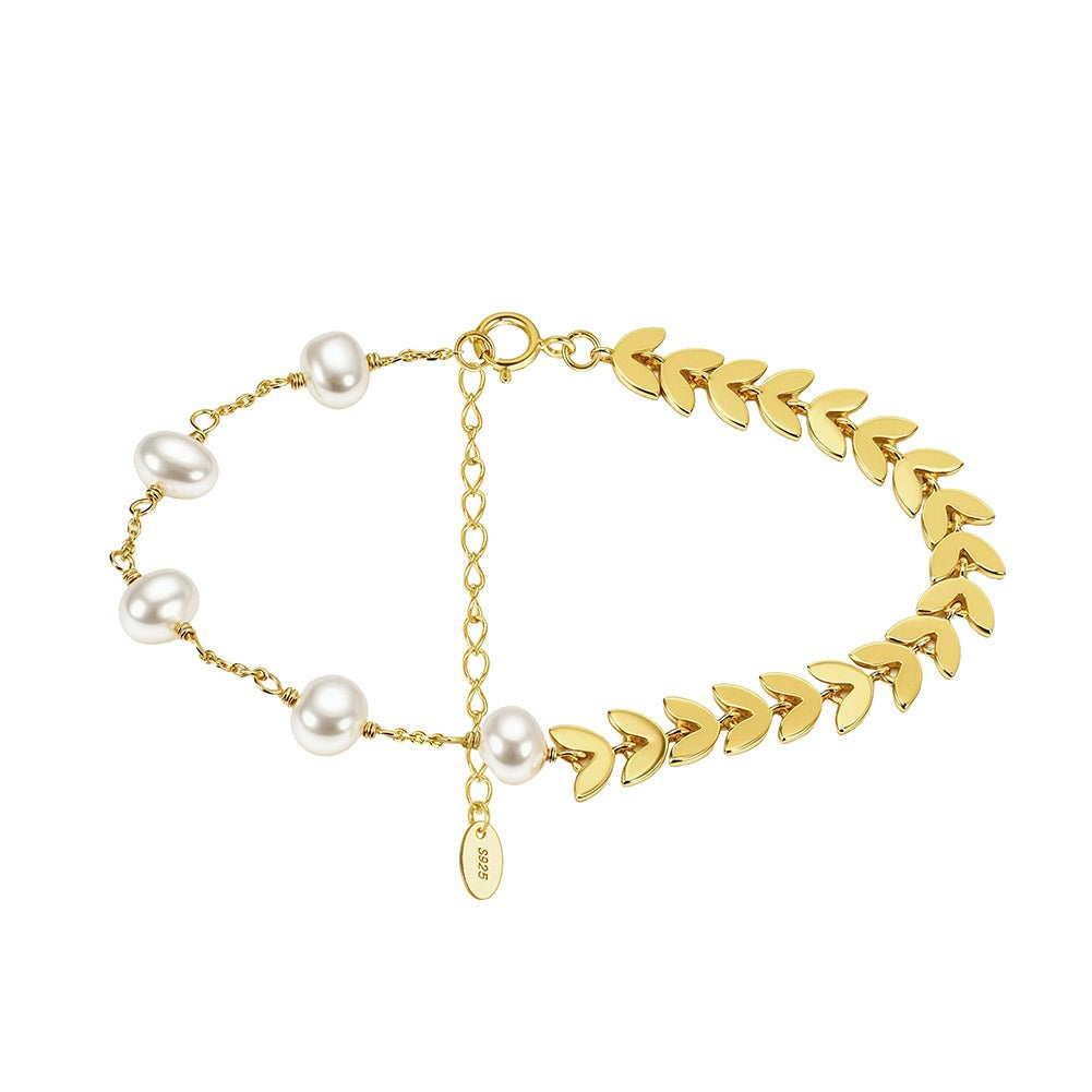 Kemstone 925 Sterling Silver Pearl Leaf Bracelet for Women Adjustable Chain Gold Silver GPB45