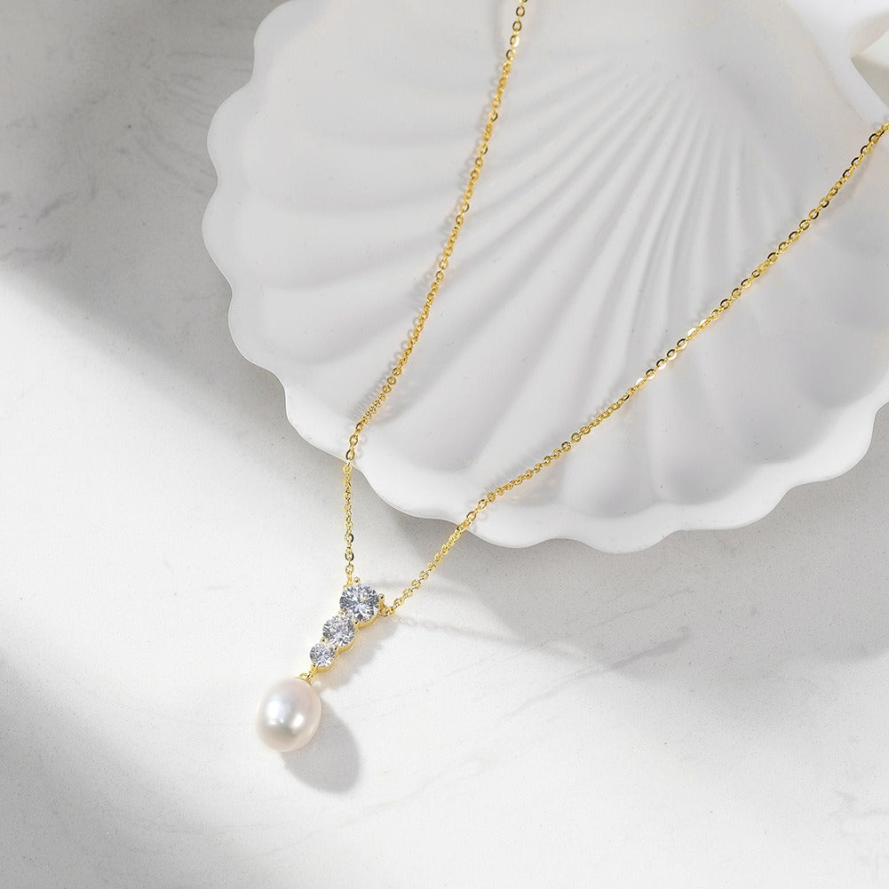 Kemstone 925 Sterling Silver Pearl Drop Necklace for Women Freshwater Pearl Cubic Zirconia Gold Silver GPN98