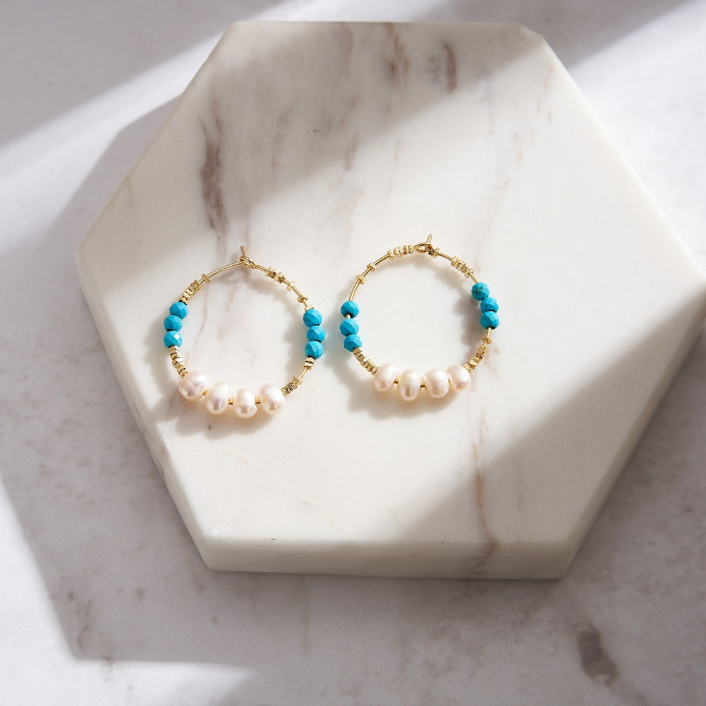 Kemstone 925 Sterling Silver Turquoise Pearl Hoop Earrings for Women Freshwater Pearl Vintage Style MPE07