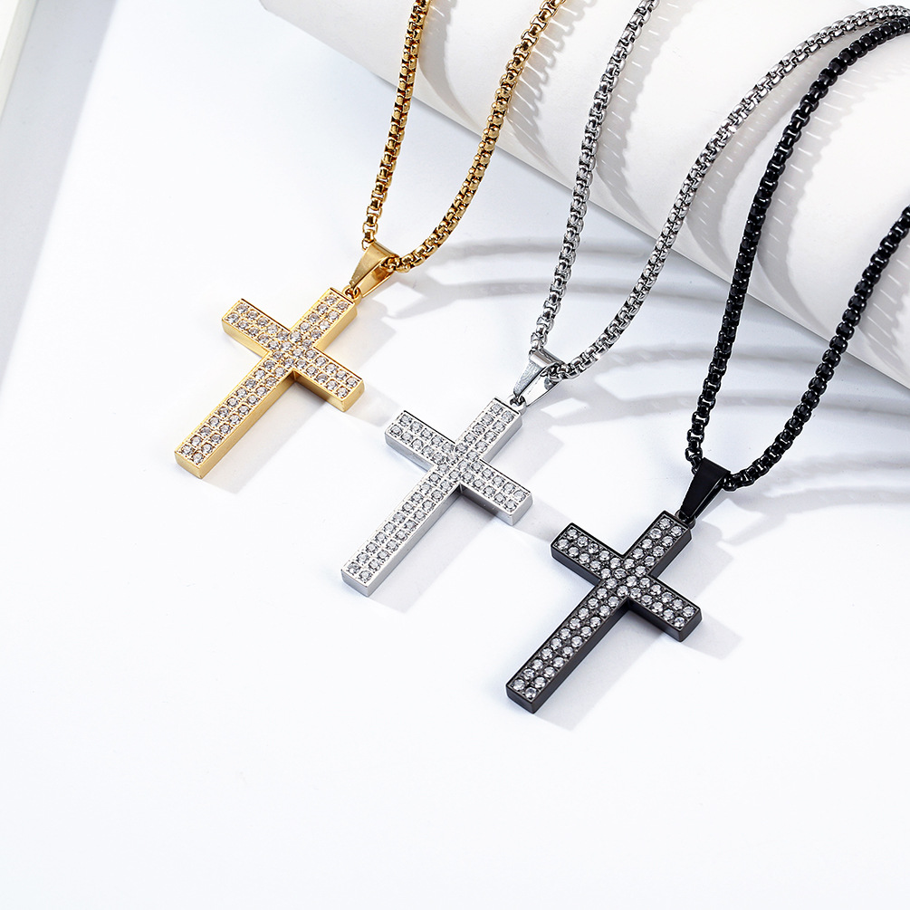 Kemstone Titanium Steel CZ Cross Necklace – Full Pave Cubic Zirconia Pendant for Men & Women K-PT477