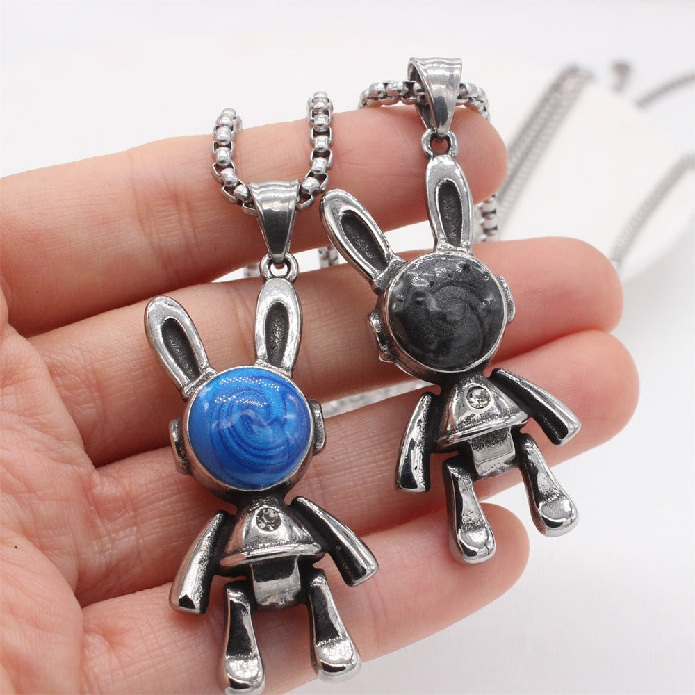 Kemstone Rabbit Head Pendant Necklace Stainless Steel Blue Inlay for Men & Women P1429