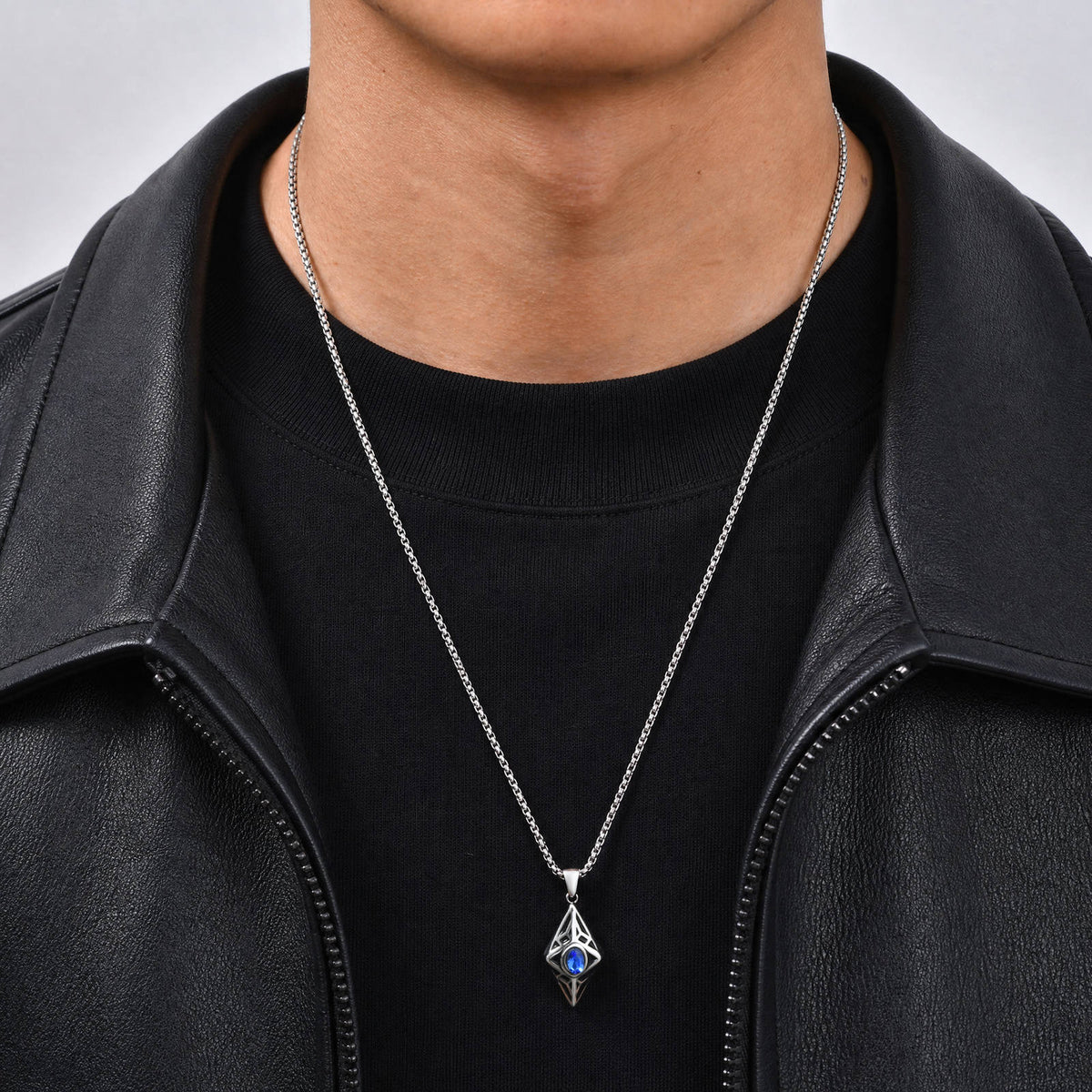 Kemstone Blue Cubic Zirconia Geometric Pendant Necklace for Men Stainless Steel PN-2454