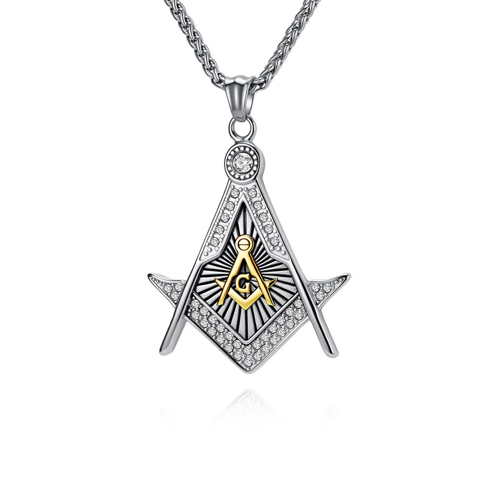 Kemstone Geometric Compass Pendant Necklace for Men Stainless Steel Stone Detail K-PT717