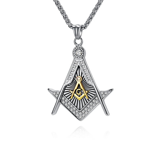 Kemstone Geometric Compass Pendant Necklace for Men Stainless Steel Stone Detail K-PT717