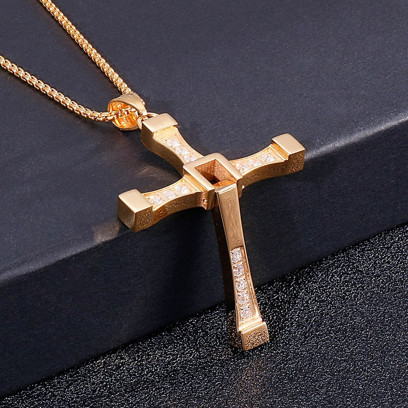 Kemstone Stainless Steel Hollow Moving Cross Pendant Necklace for Men Cubic Zirconia Inlay KP40312-K