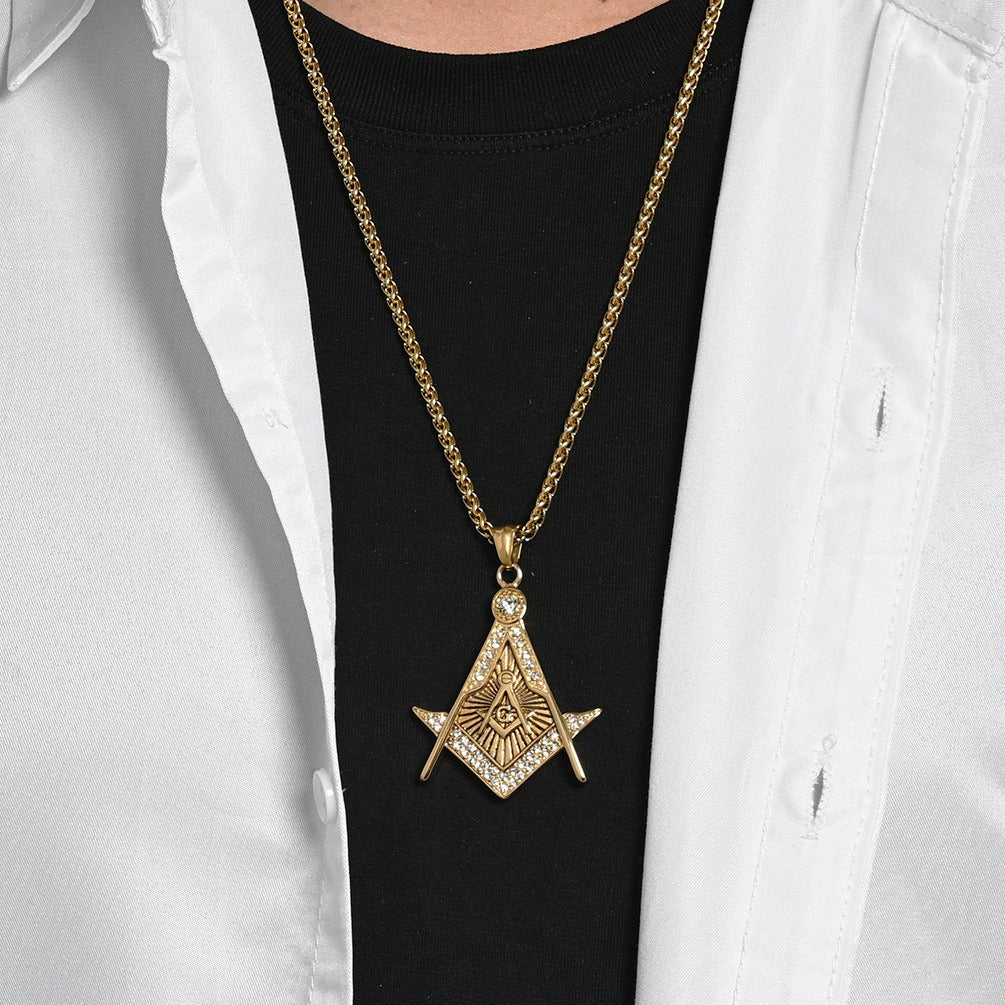 Kemstone Geometric Compass Pendant Necklace for Men Stainless Steel Stone Detail K-PT717