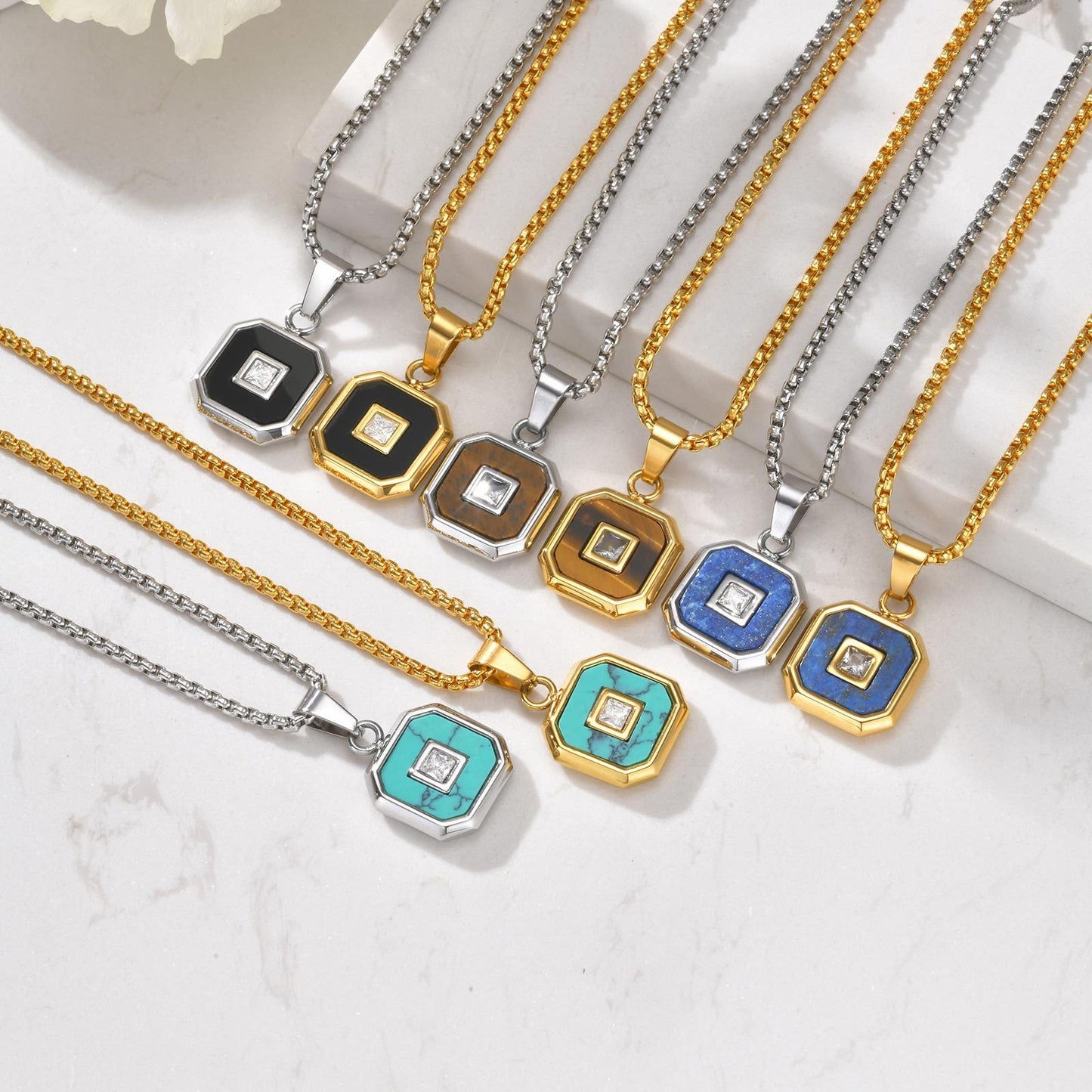 Kemstone Men’s Stainless Steel Lapis Lazuli Cubic Zirconia Pendant Necklace – Gold Silver Black PN-2074