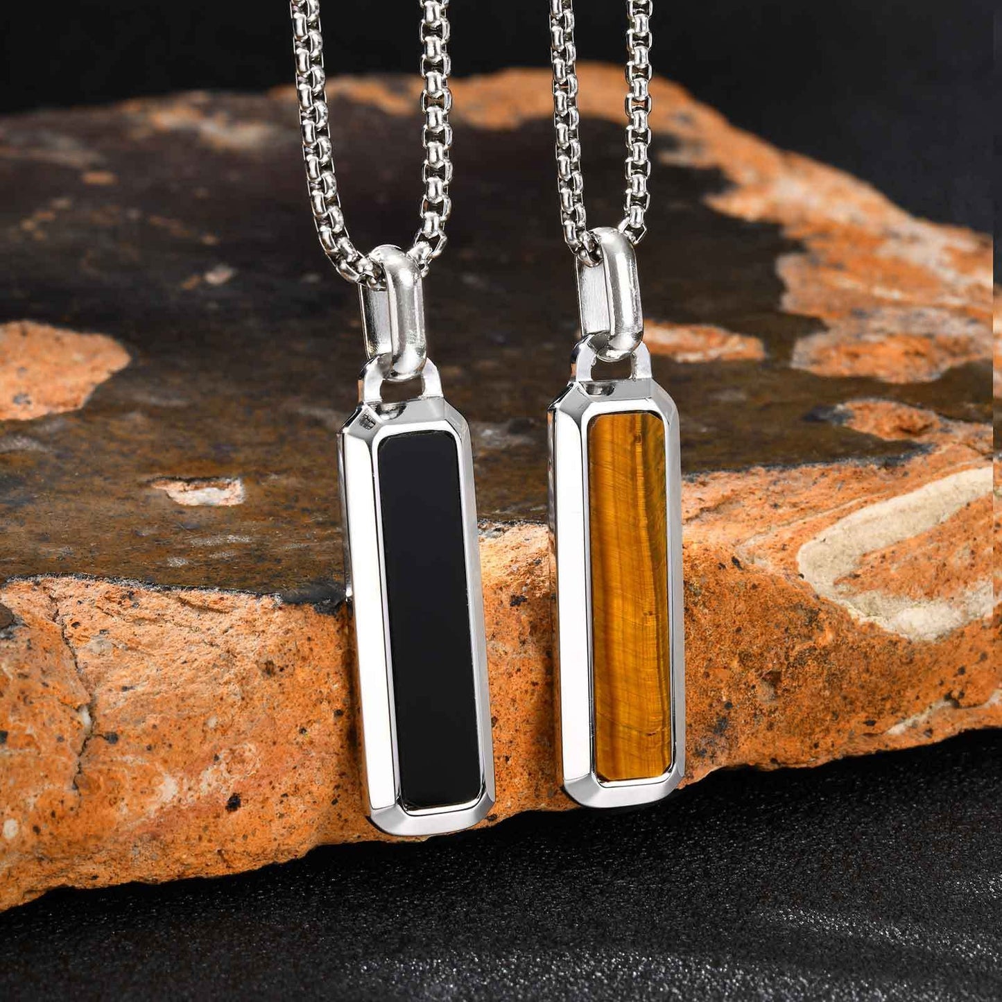 Kemstone Tiger Eye Pendant Necklace for Men – Stainless Steel Bar Necklace PN-2226