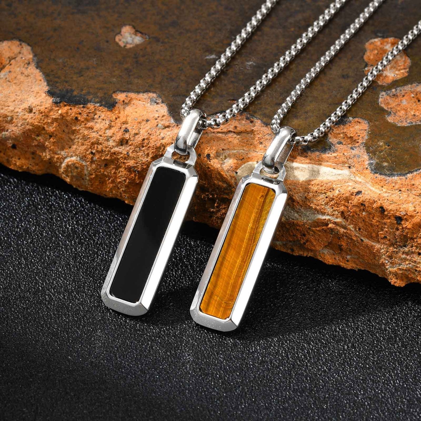 Kemstone Tiger Eye Pendant Necklace for Men – Stainless Steel Bar Necklace PN-2226