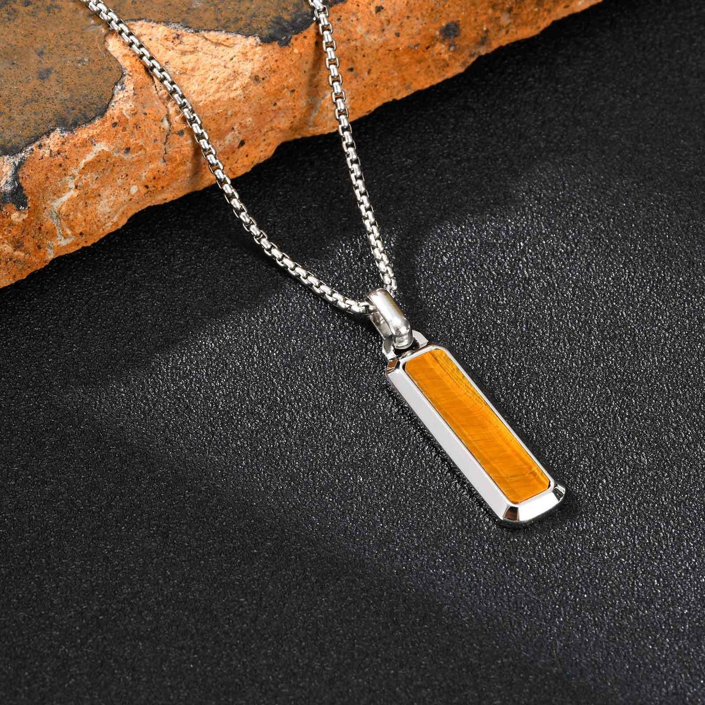 Kemstone Tiger Eye Pendant Necklace for Men – Stainless Steel Bar Necklace PN-2226