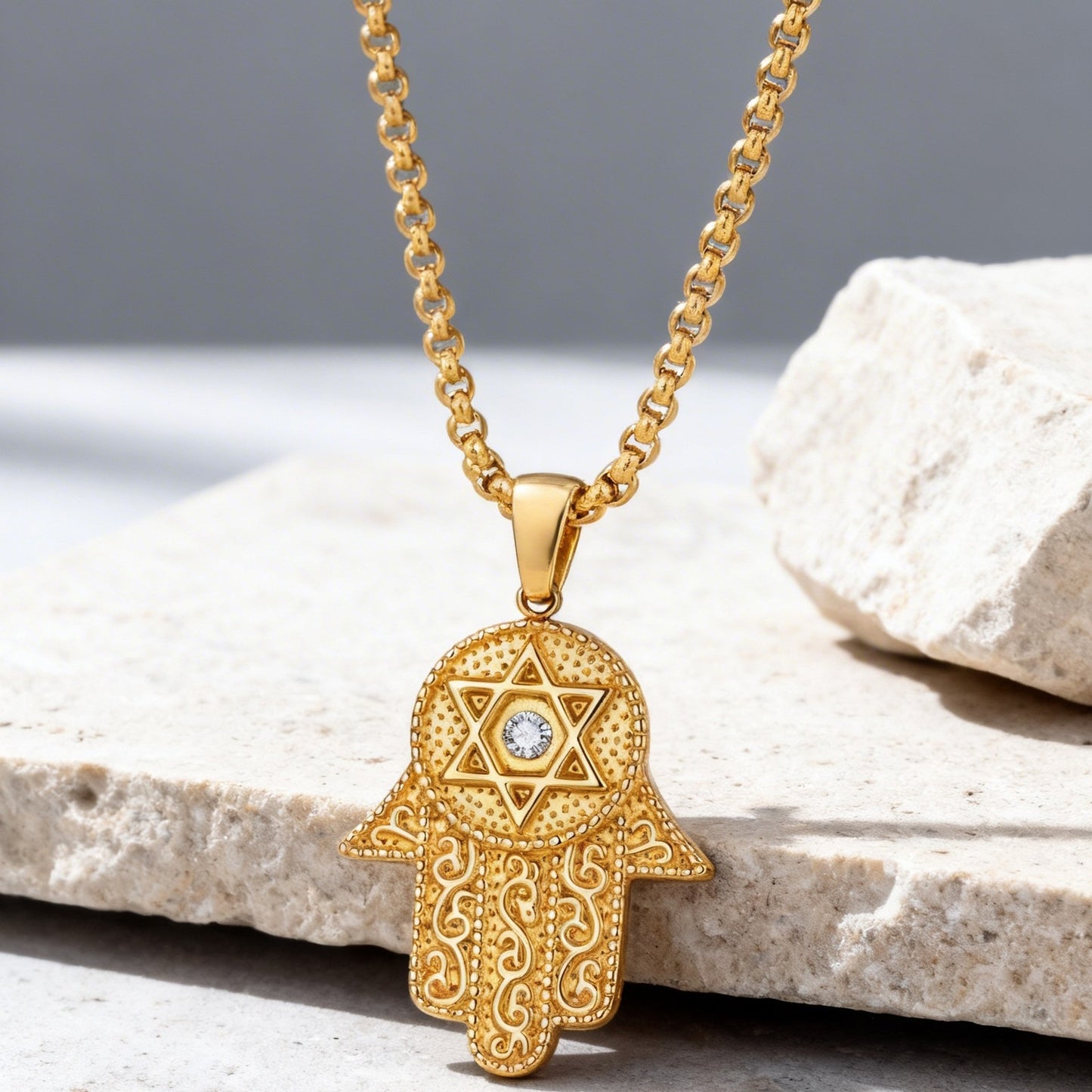 Kemstone Hand Pendant Necklace Gold Plated Stainless Steel Star Symbol Cubic Zirconia for Men Women PN-2337