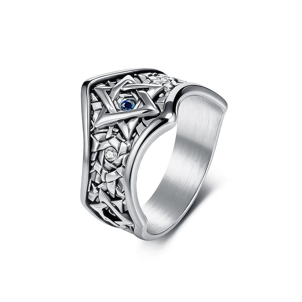 Kemstone Stainless Steel Hexagram Signet Ring for Men Cubic Zirconia Silver Gold Black K-R1152
