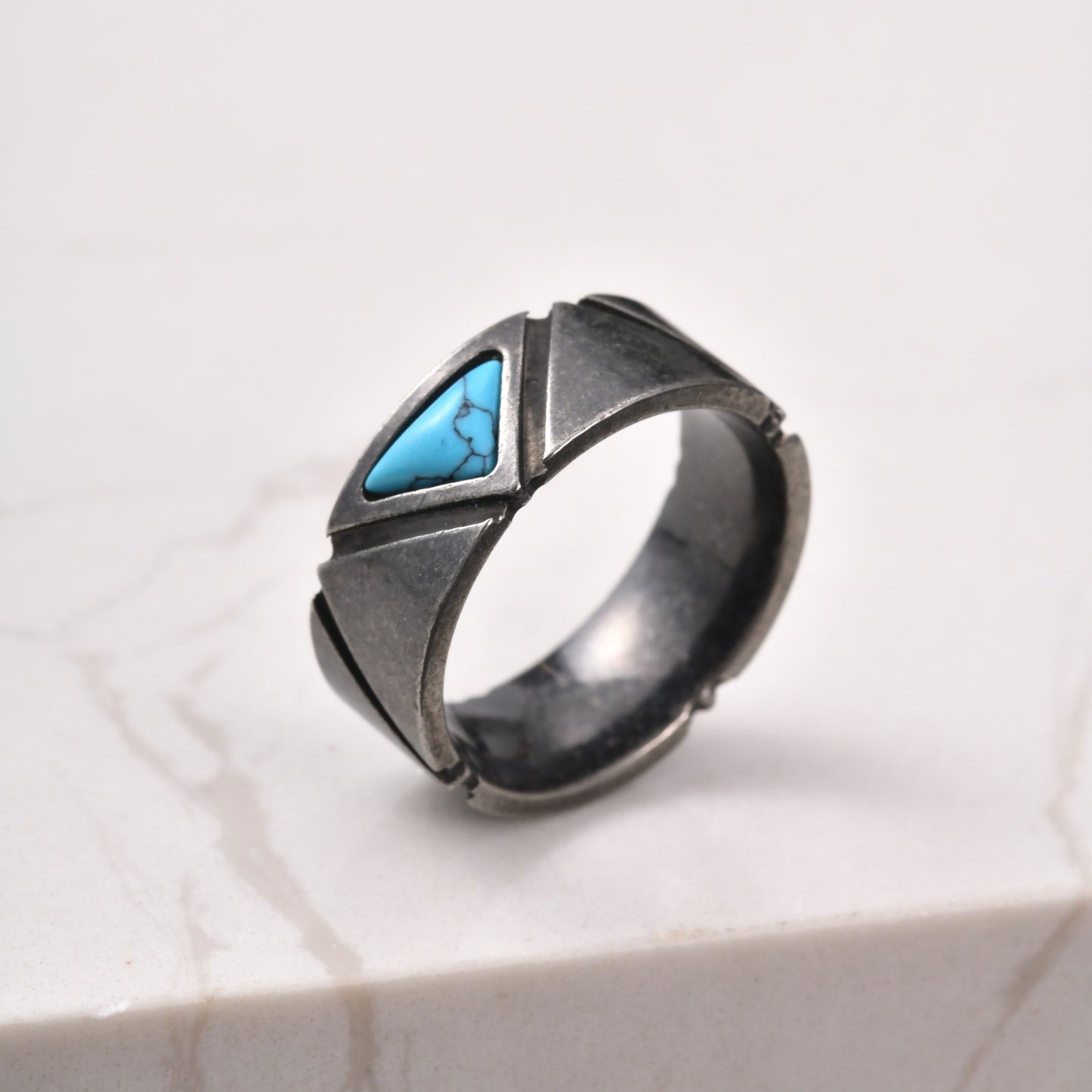 Kemstone Stainless Steel Triangle Turquoise Ring for Men Vintage Gray RC-111