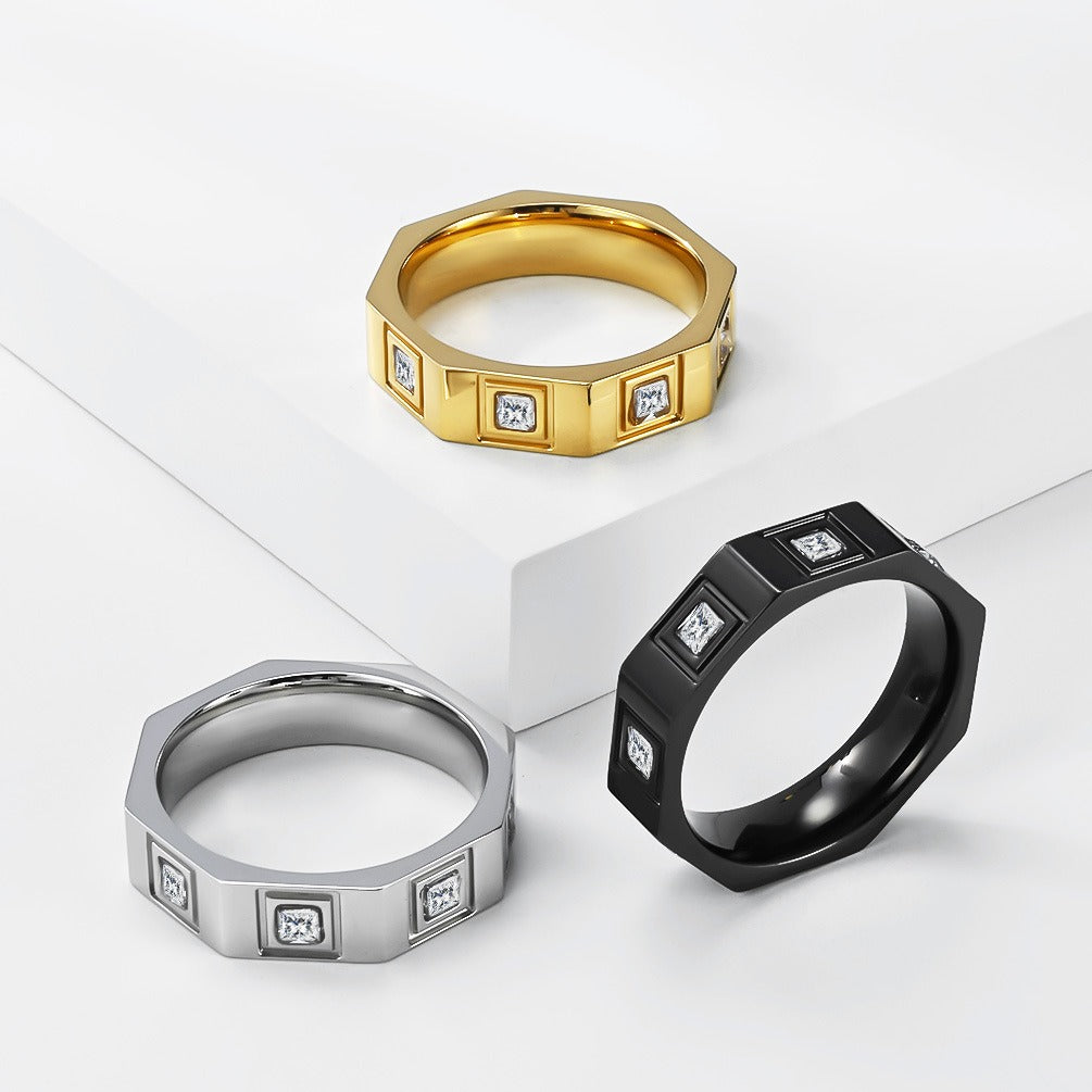 Kemstone Octagonal Cubic Zirconia Geometric Stainless Steel Ring for Men & Women K-R1129