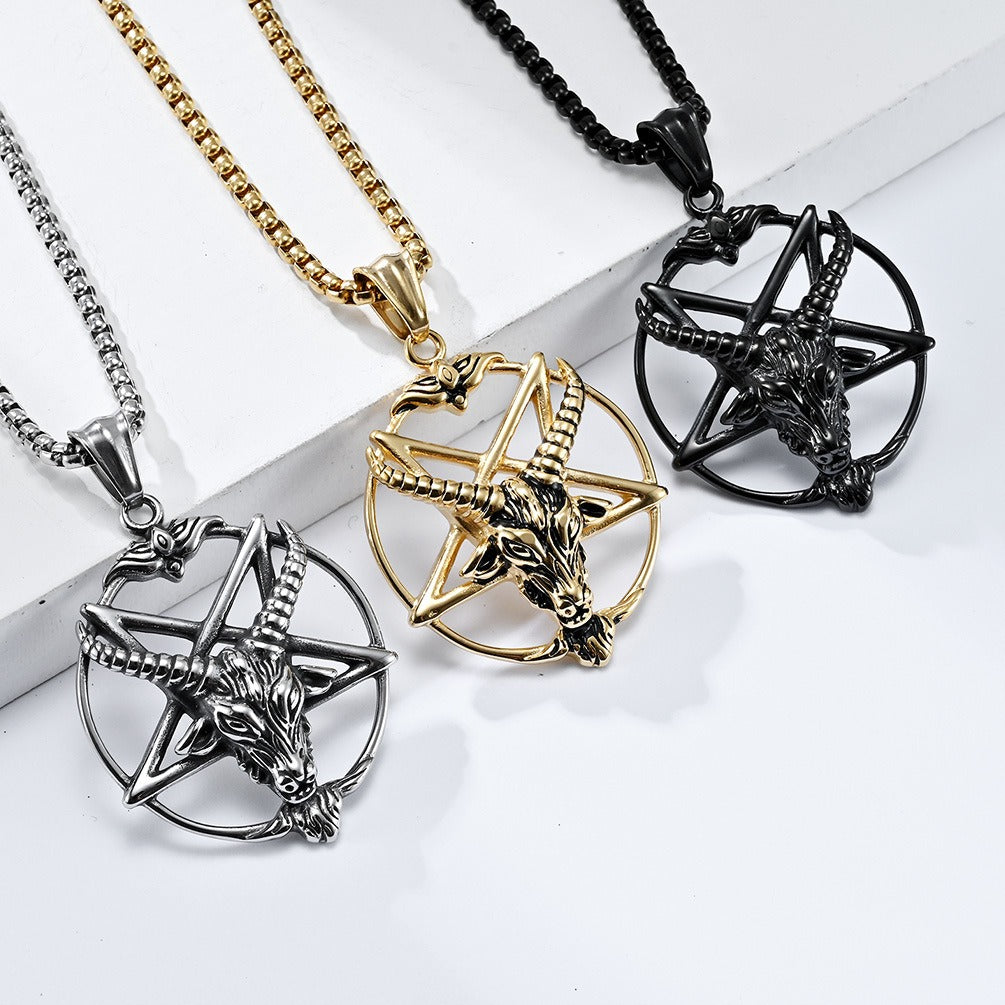 Kemstone Goat Head Pentagram Pendant Necklace for Men Stainless Steel Gothic Symbol Design K-PT438