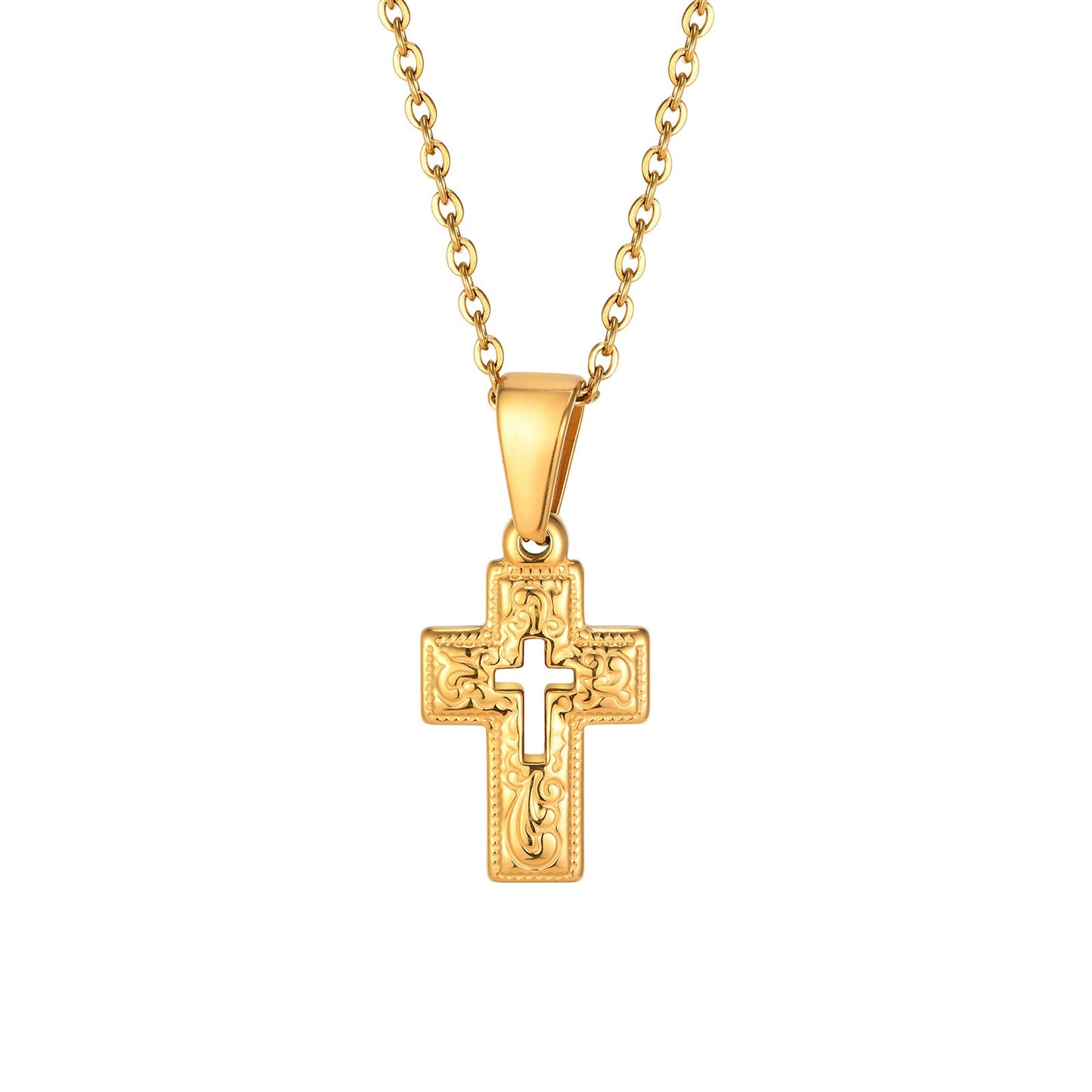 Kemstone Gold-Plated Stainless Steel Cross Pendant Necklace – Vintage Relief Style for Men & Women PN2009