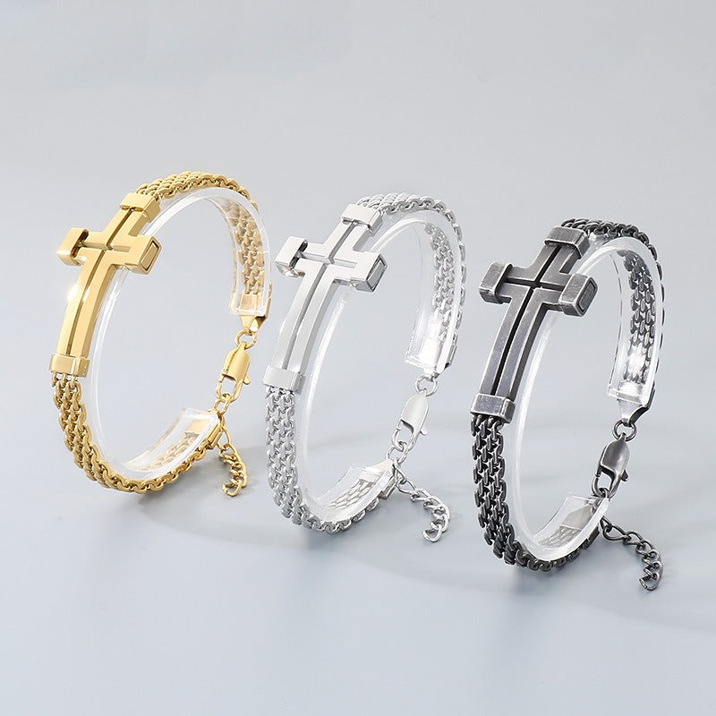 Kemstone Titanium Steel Hollow Curved Cross Bracelet for Men Adjustable Double Chain Gold Silver Black KB212800-KFC