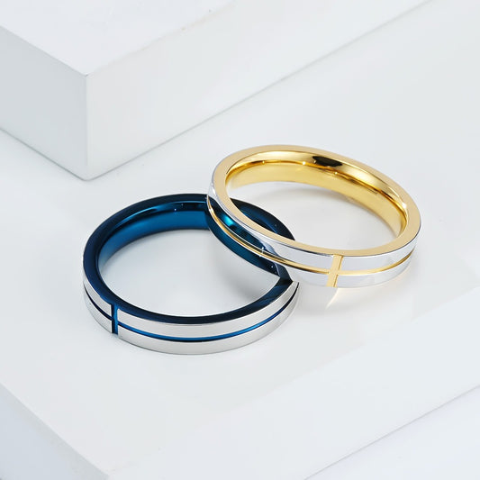Kemstone Cross Line Stainless Steel Ring – Minimalist Couple Band K-R1071