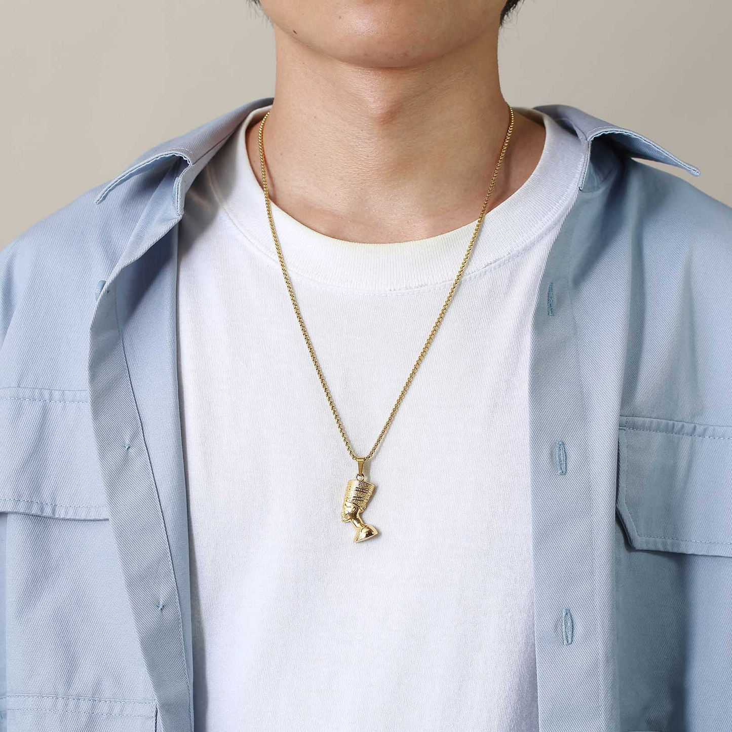 Kemston Nefertiti Pendant Necklace for Men Stainless Steel Gold Plated Egyptian Style PN-1628