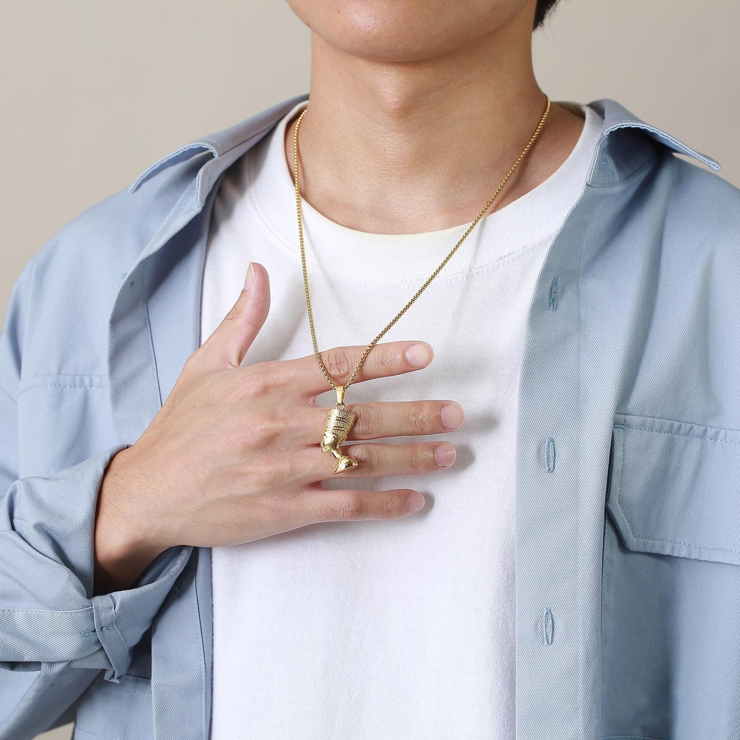 Kemston Nefertiti Pendant Necklace for Men Stainless Steel Gold Plated Egyptian Style PN-1628