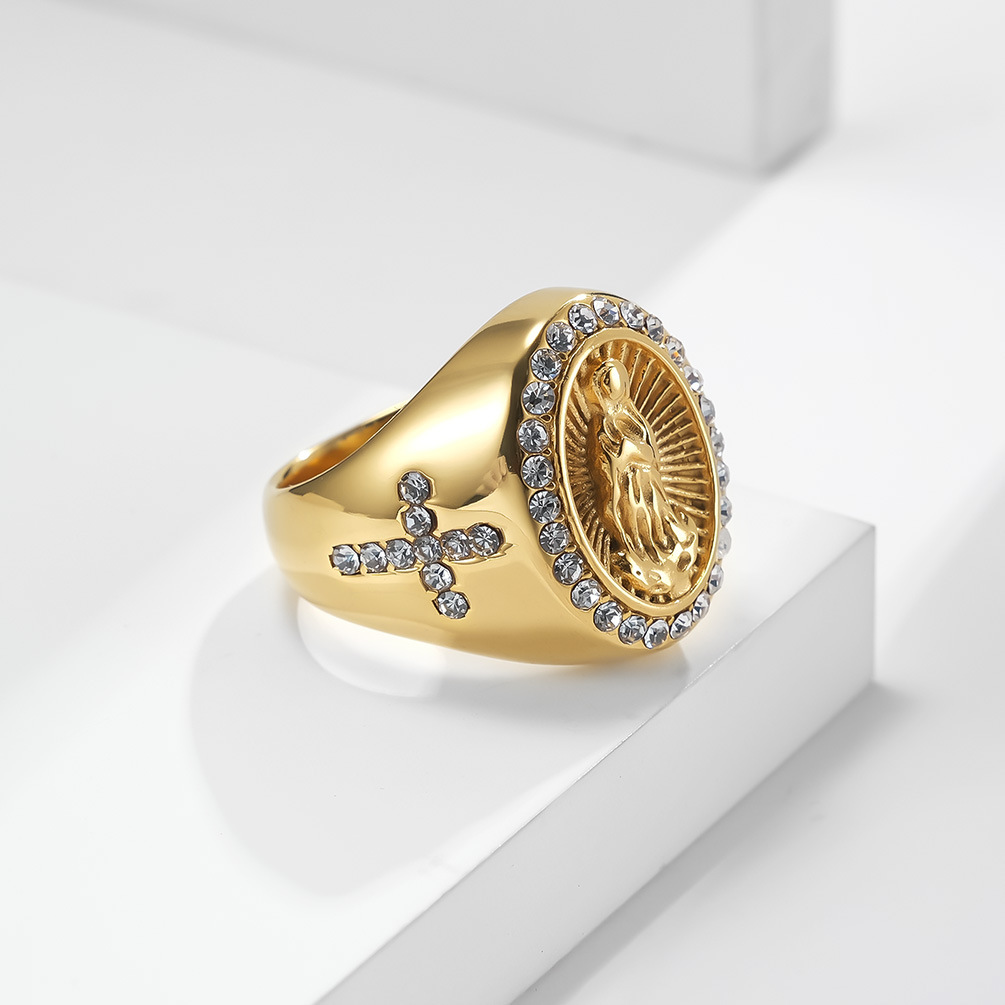 Kemstone Sculpted Medallion Cubic Zirconia Stainless Steel Signet Ring for Men – Polished K-R613