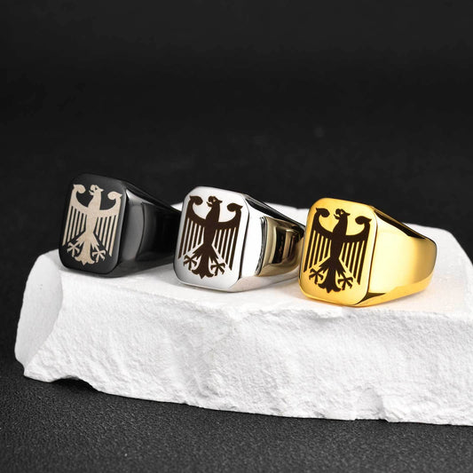 Kemstone Stainless Steel Eagle Signet Ring – Laser Engraved Rune Design for Men RC-294