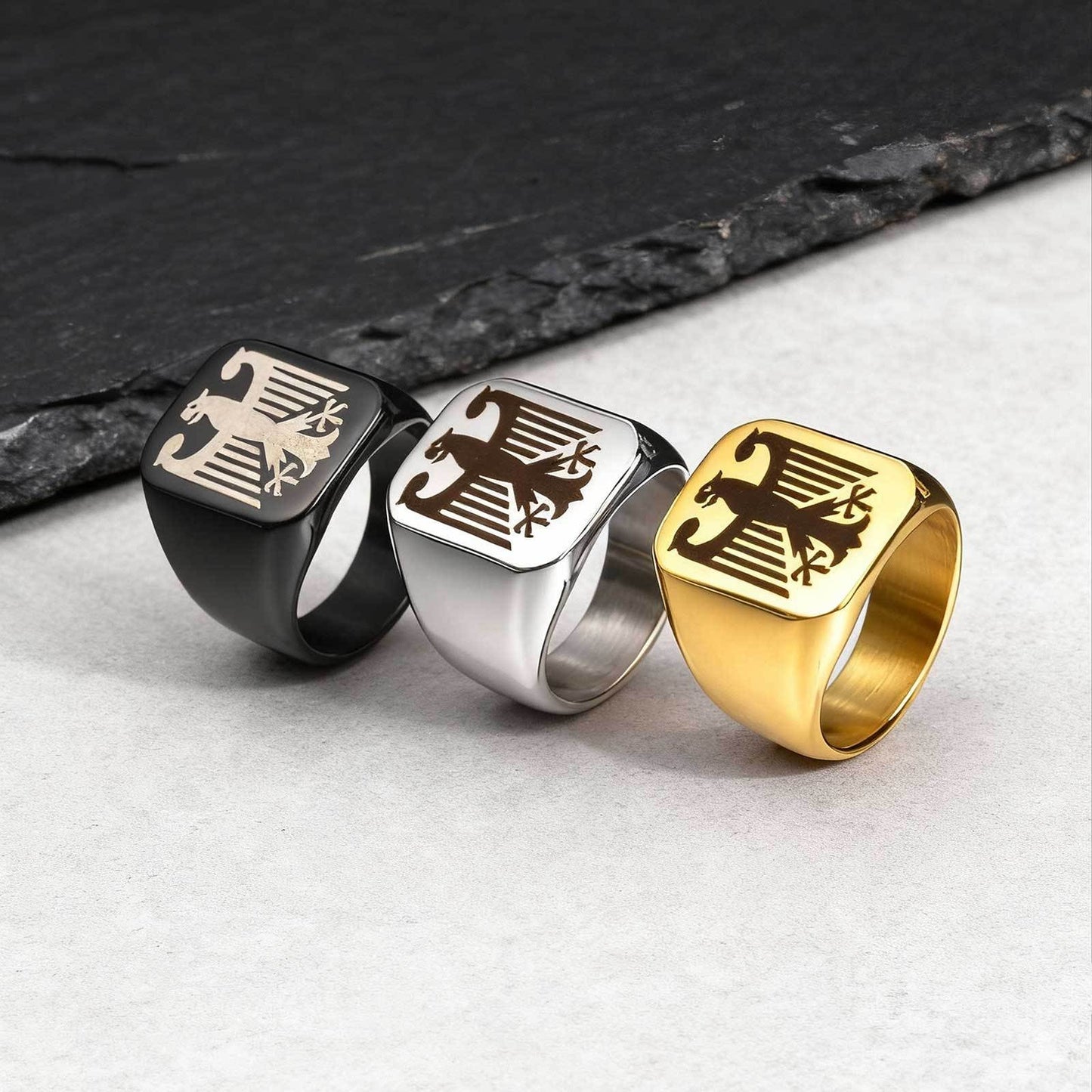 Kemstone Stainless Steel Eagle Signet Ring – Laser Engraved Rune Design for Men RC-294