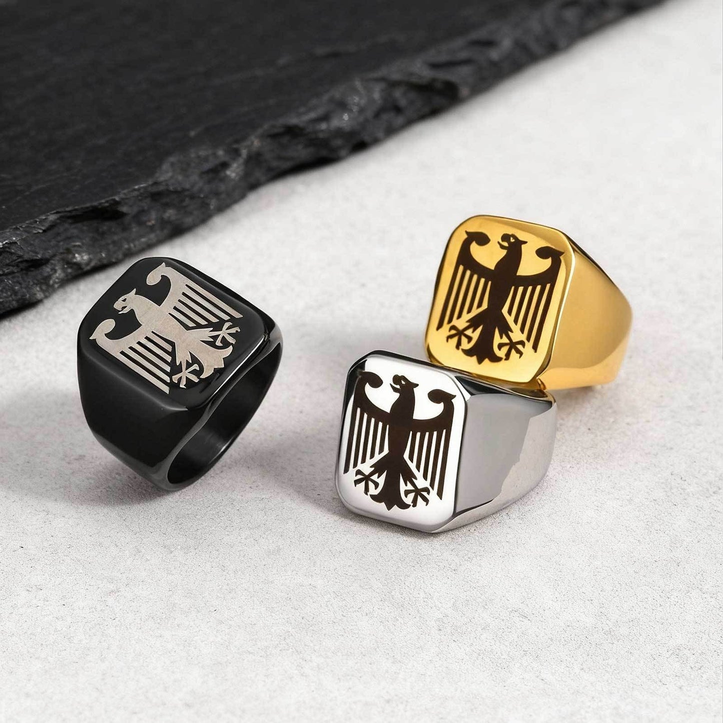 Kemstone Stainless Steel Eagle Signet Ring – Laser Engraved Rune Design for Men RC-294
