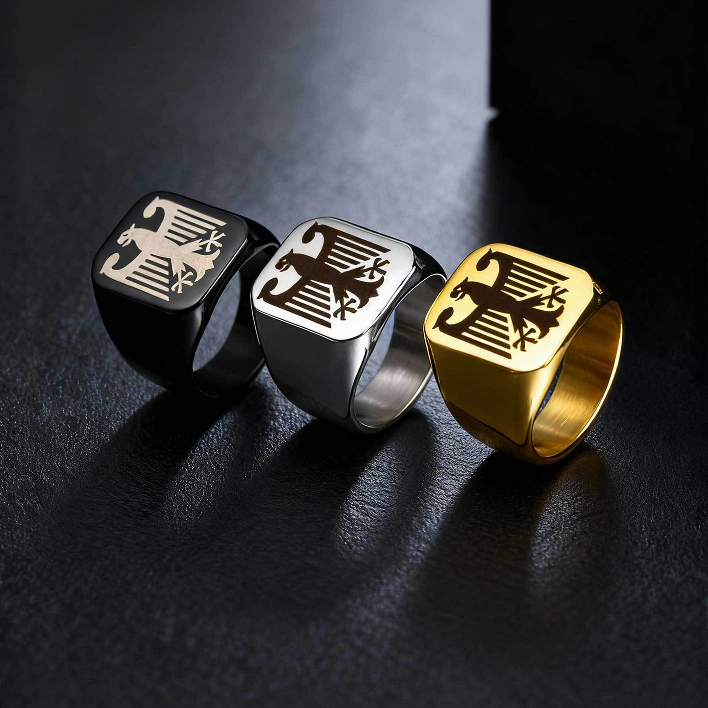 Kemstone Stainless Steel Eagle Signet Ring – Laser Engraved Rune Design for Men RC-294