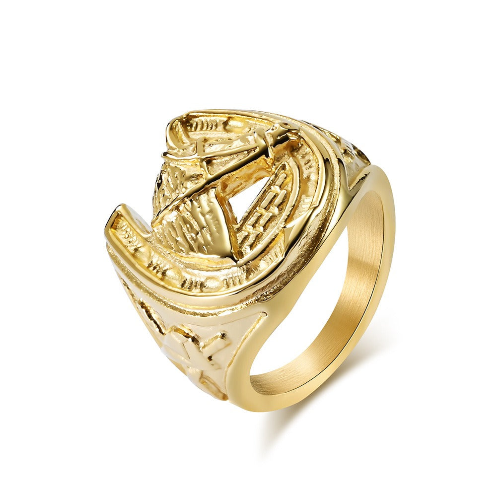 Kemstone Men’s Stainless Steel Horse Head Horseshoe Ring – Vintage K-R752