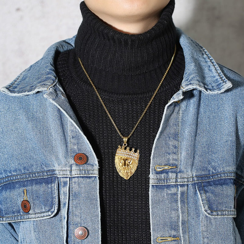 Kemstone Lion Head Pendant Necklace for Men Stainless Steel Gold Plated Crown Detail PN-1028
