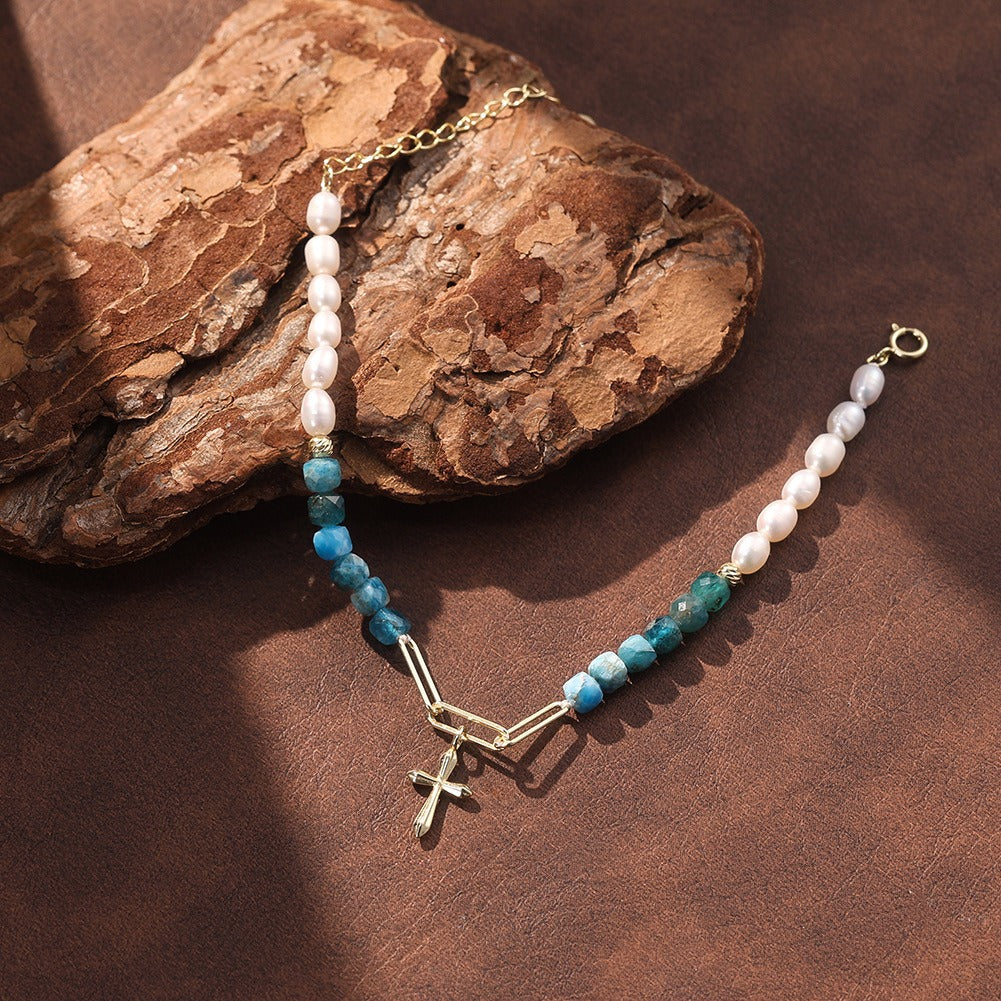 Kemstone 925 Sterling Silver Natural Stone Pearl Beaded Bracelet for Women Cross Charm MPB22