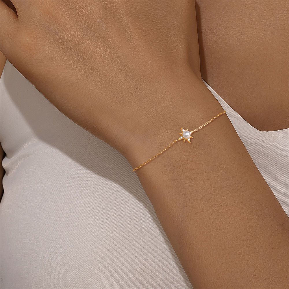 Kemstone 925 Sterling Silver Pearl Star Bracelet for Women Cubic Zirconia Dainty Chain 60604001652C