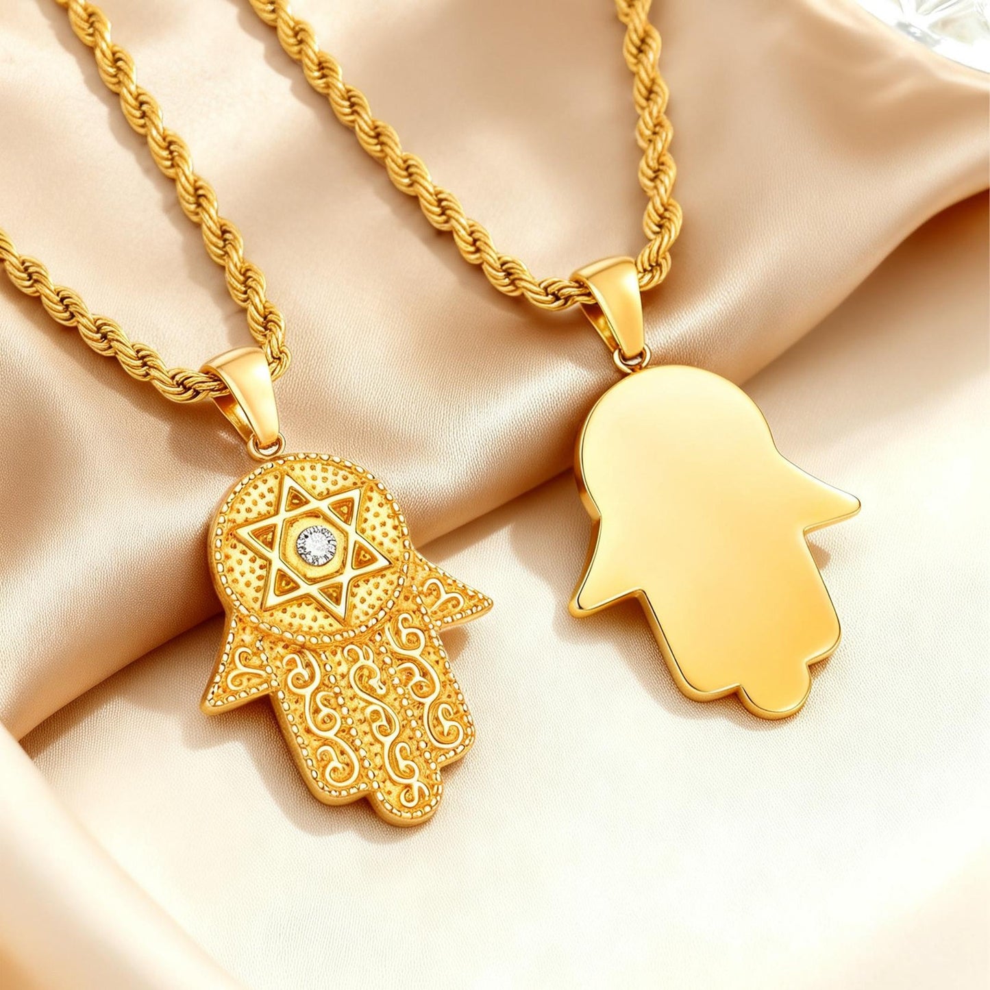 Kemstone Hand Pendant Necklace Gold Plated Stainless Steel Star Symbol Cubic Zirconia for Men Women PN-2337