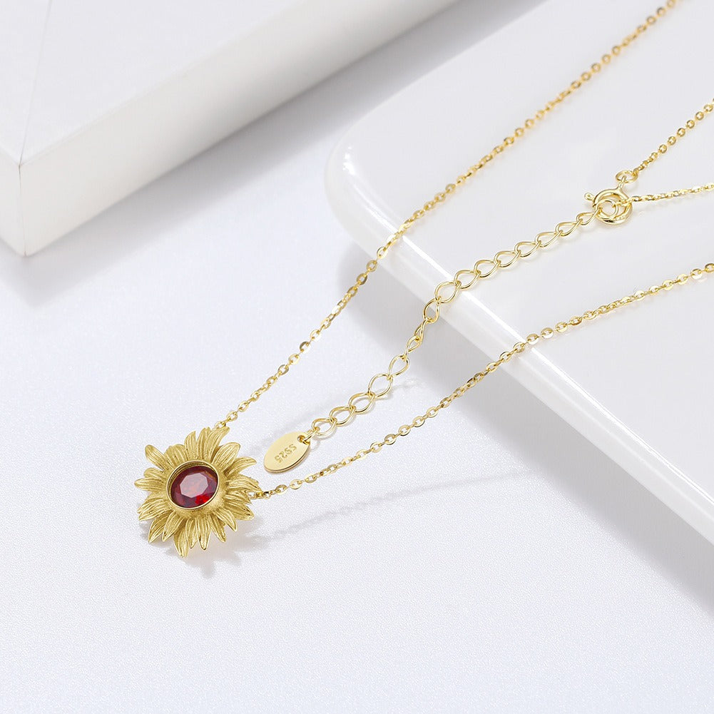 Kemstone 925 Sterling Silver Sunflower Garnet Pendant Necklace for Women Gold Plated Floral GMN22