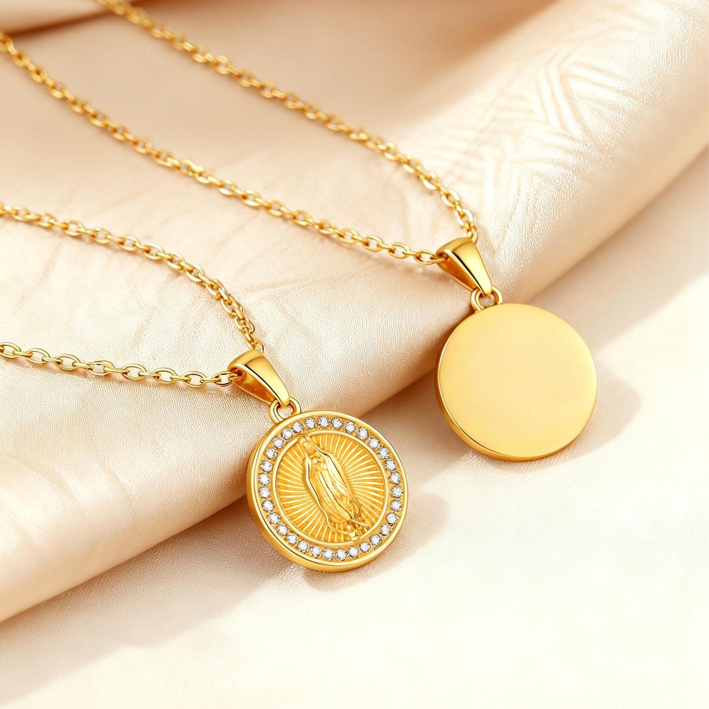 Kemstone Round Coin Pendant Necklace Gold Plated Stainless Steel Cubic Zirconia Medallion for Men Women PN-2339
