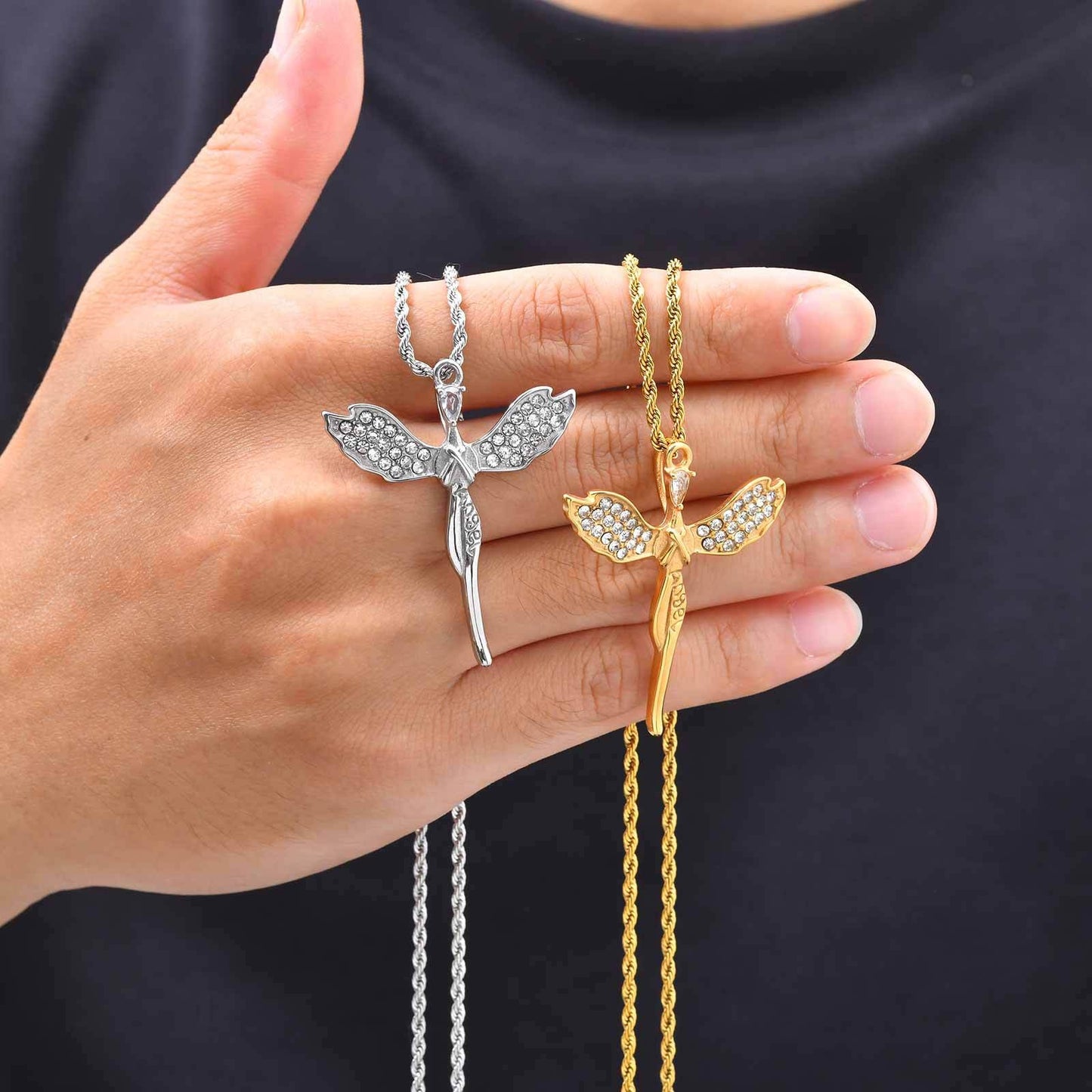 Kemston Stainless Steel Angel Wing Cross Pendant Necklace for Men Women PN-2404